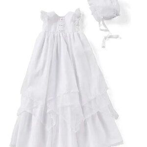 Pippa and Julie Tiered Hem Christening Gown Set with Bonnet - Size 3-6 Months